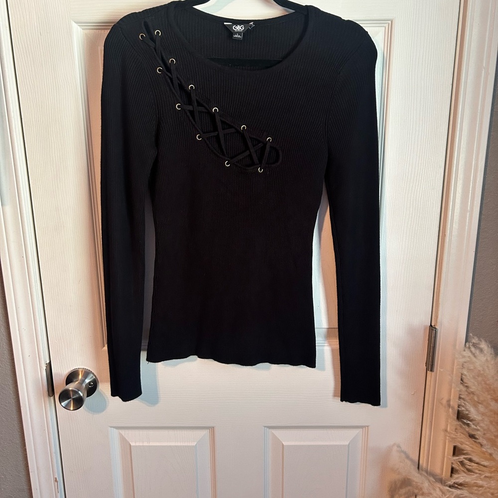 GBG Los Angeles Black Ribbed Lace-Up Long Sleeve Top